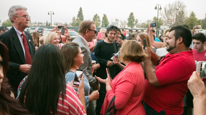 It didn't take long before Kevin Costner was mobbed by fans outside the Maya Cinemas for the Bakersfield sneak peak of "McFarland USA."