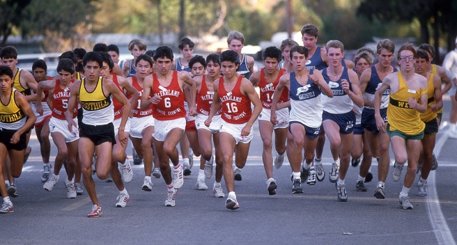 The McFarland runners take off at the start of the Southern Section championships at Hart Park in Bakersfield, California on November 13, 1986.