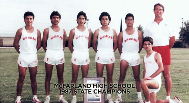 The real 1987 California state championship McFarland Cougars. Photo provided by Dolores Plata Rodriguez. From left: Thomas Valles, Victor Puentes, Damacio Diaz, Johnny Samaniego, Jose Cardenas, Danny Diaz and Coach Jim White. Luis Partida is not pictured.